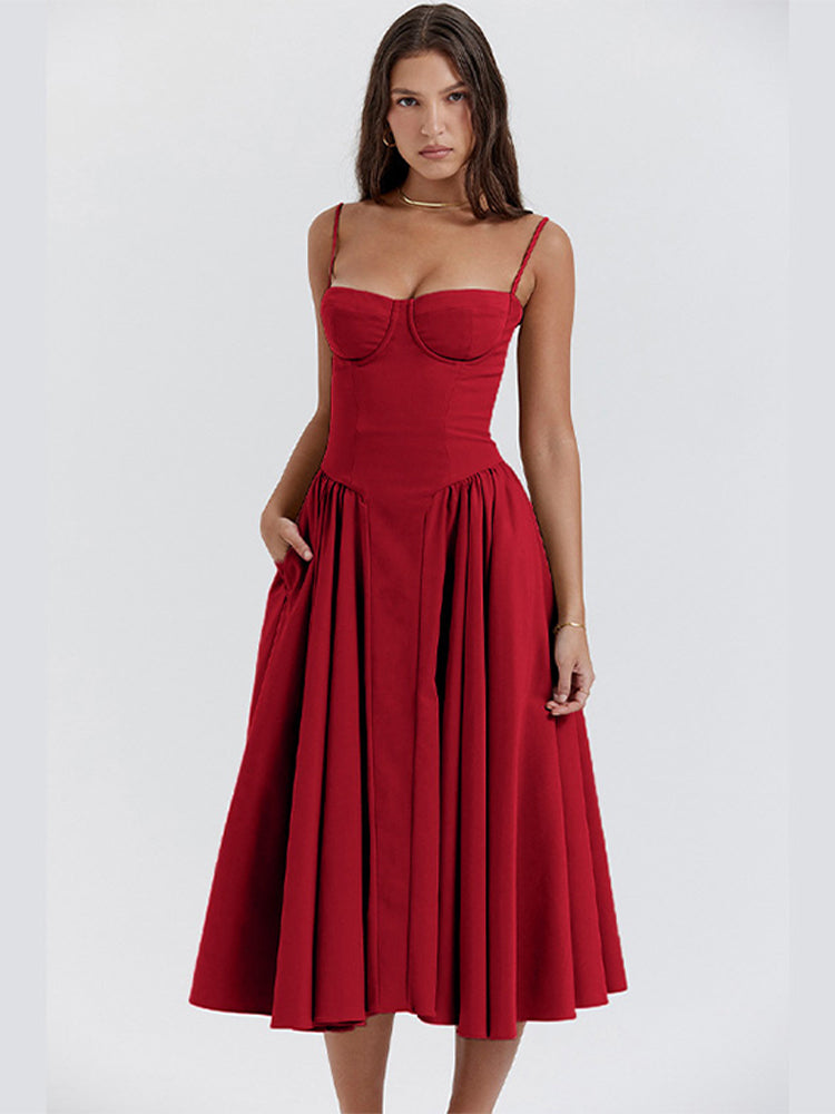 Corset Midi Dress with Fitted Bodice and Adjustable Straps