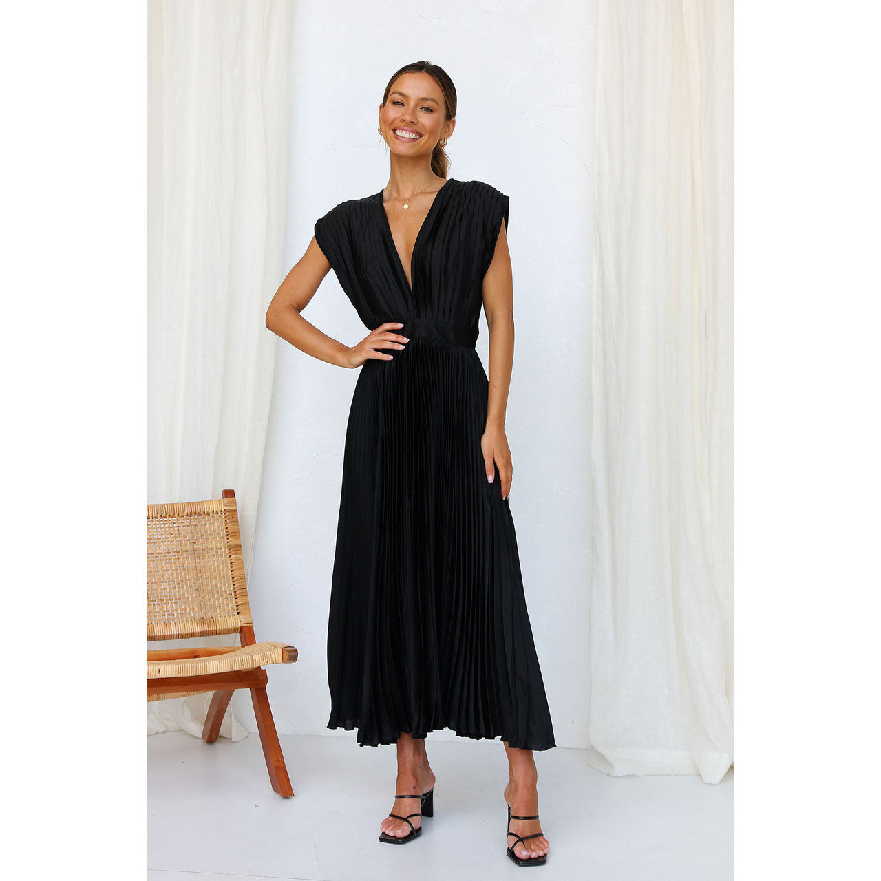 Pleated V-Neck Midi Dress