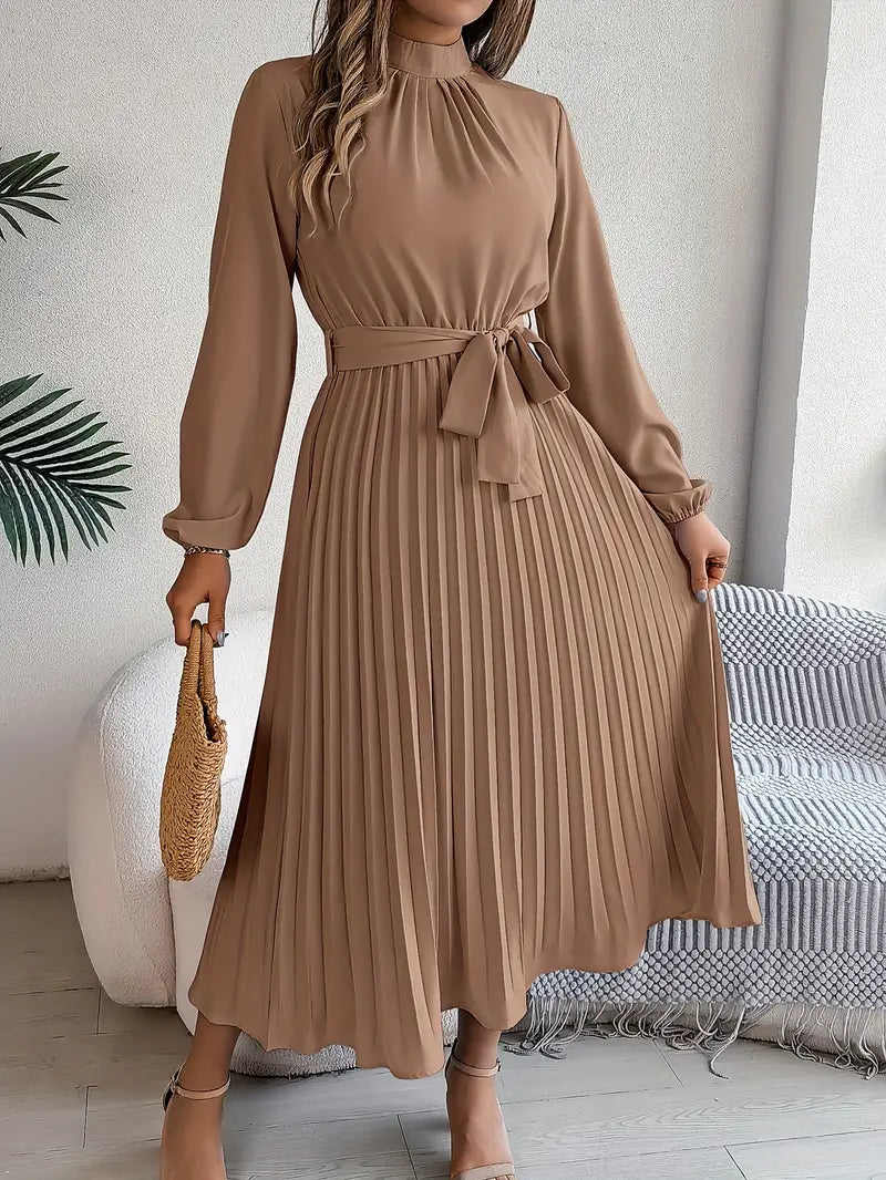 Belted Pleated Midi Dress with Long Sleeves