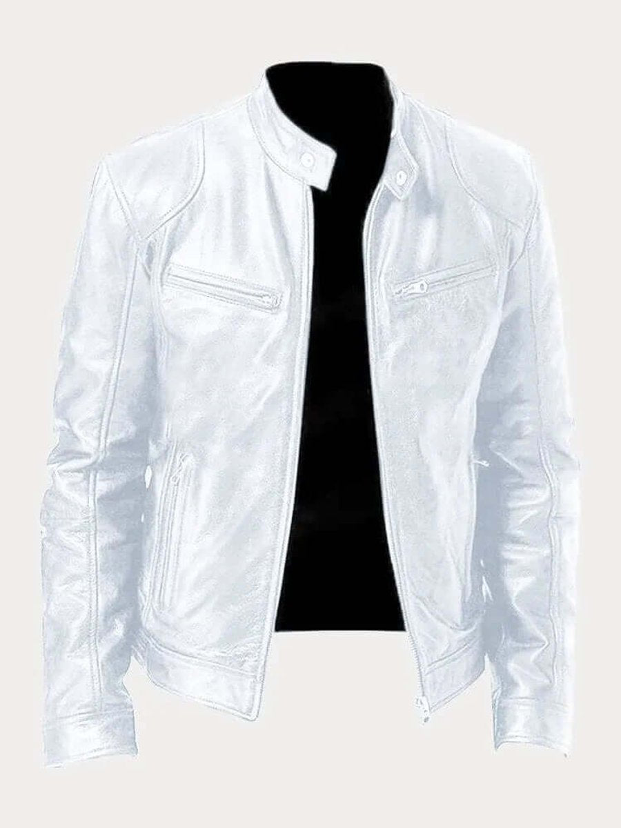 Classic Stand Collar Genuine Leather Biker Jacket