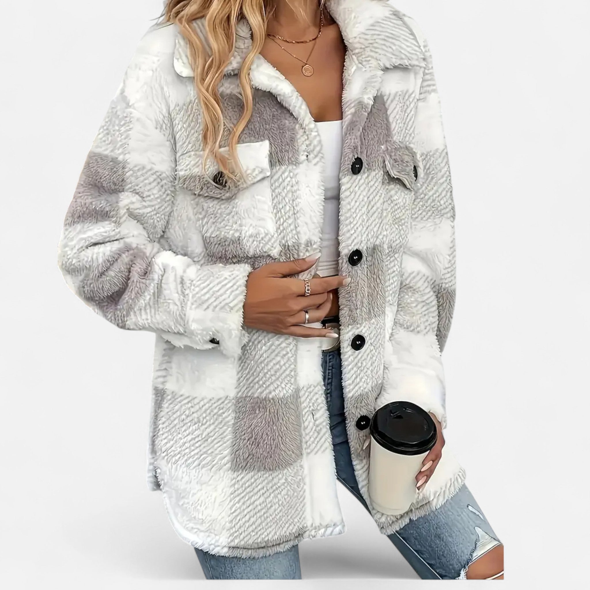 Sophie Laurent Plush Checkered Sherpa Jacket