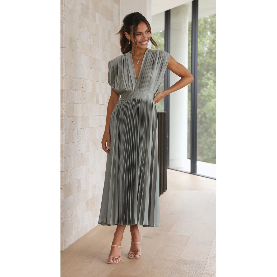 Pleated V-Neck Midi Dress