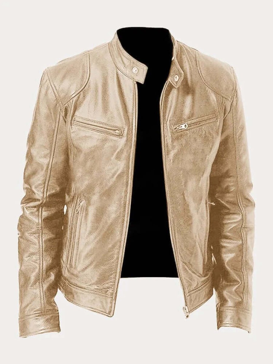 Classic Stand Collar Genuine Leather Biker Jacket
