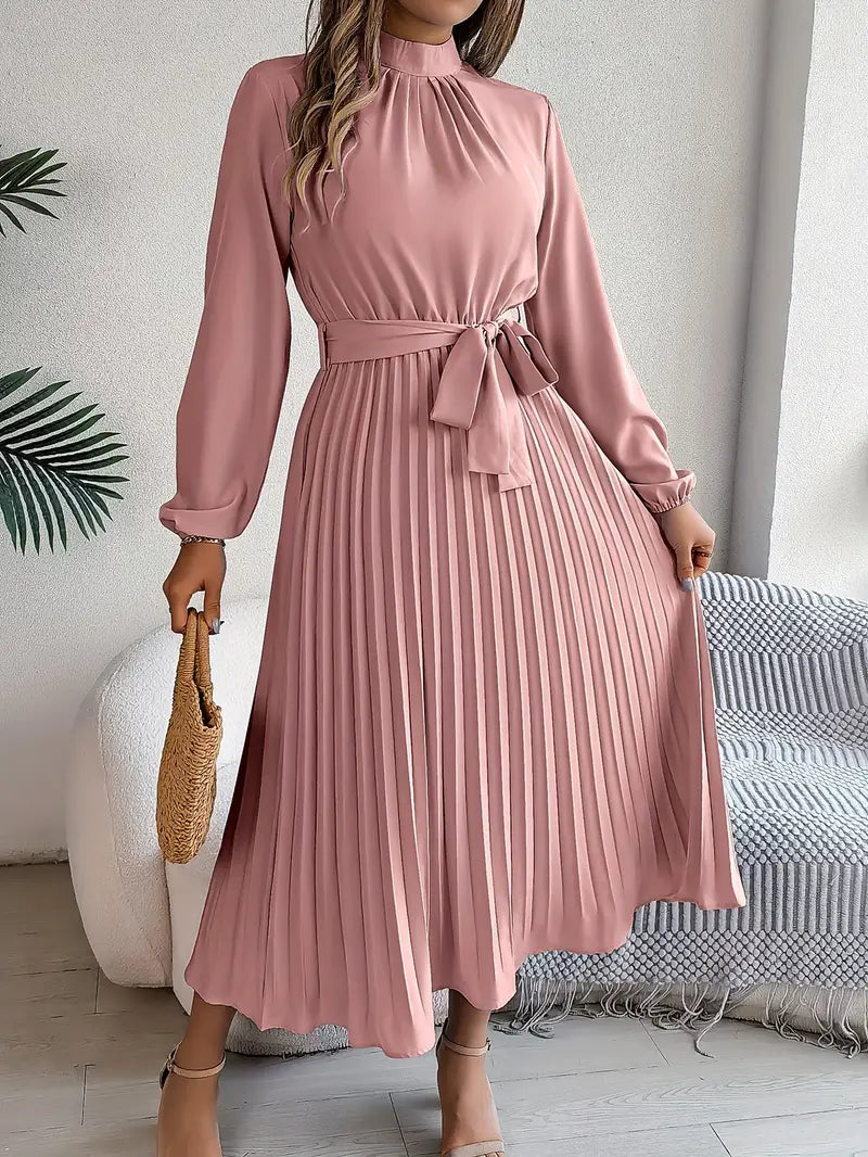 Belted Pleated Midi Dress with Long Sleeves