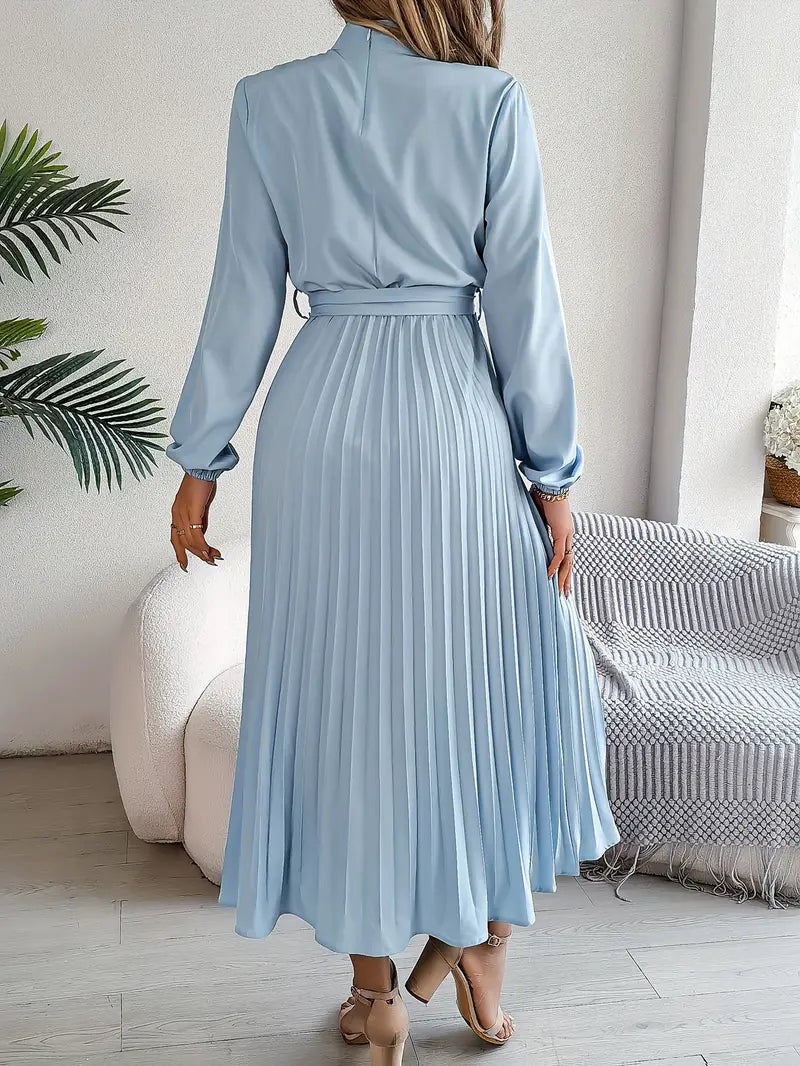 Belted Pleated Midi Dress with Long Sleeves