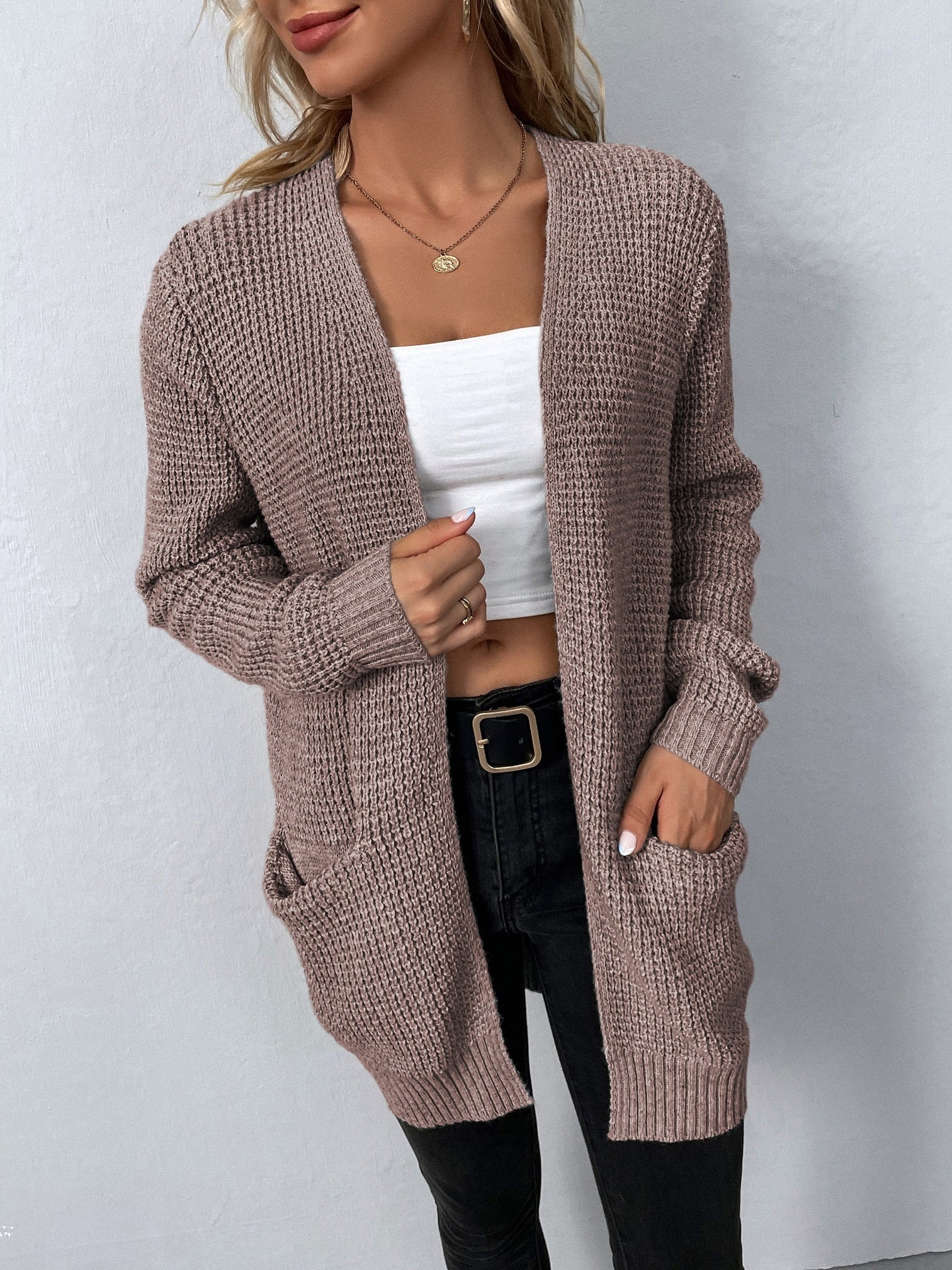 Long V Neck Cardigan With Front Pockets