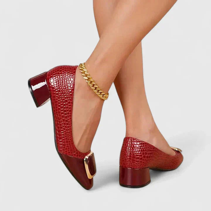 Square Toe Croc Embossed Block Heel Loafers