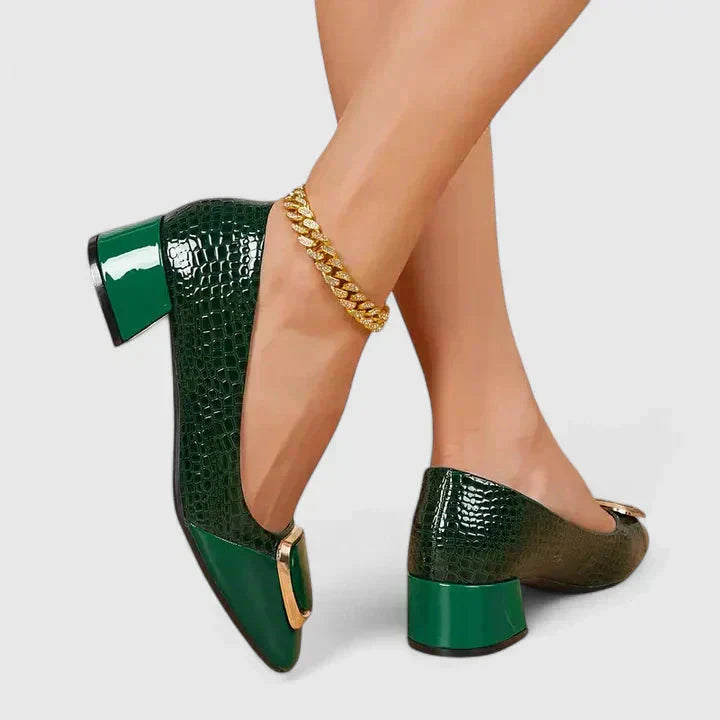 Square Toe Croc Embossed Block Heel Loafers