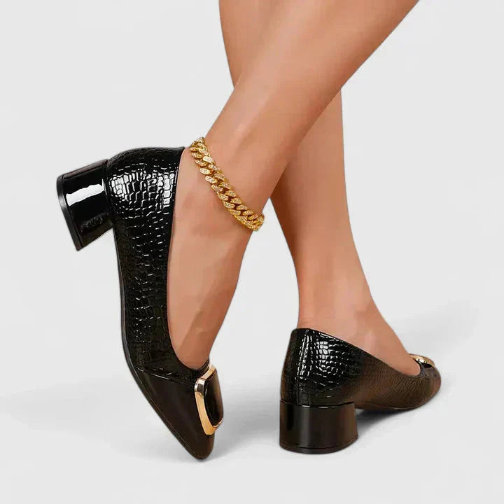 Square Toe Croc Embossed Block Heel Loafers