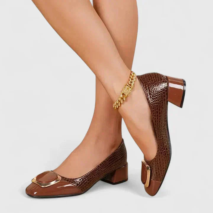 Square Toe Croc Embossed Block Heel Loafers