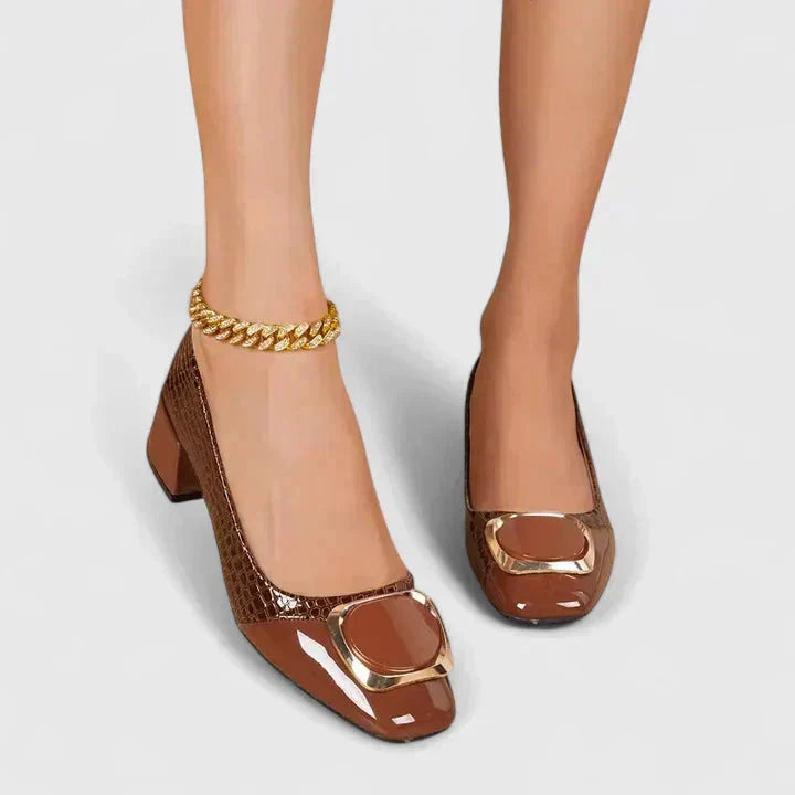 Square Toe Croc Embossed Block Heel Loafers