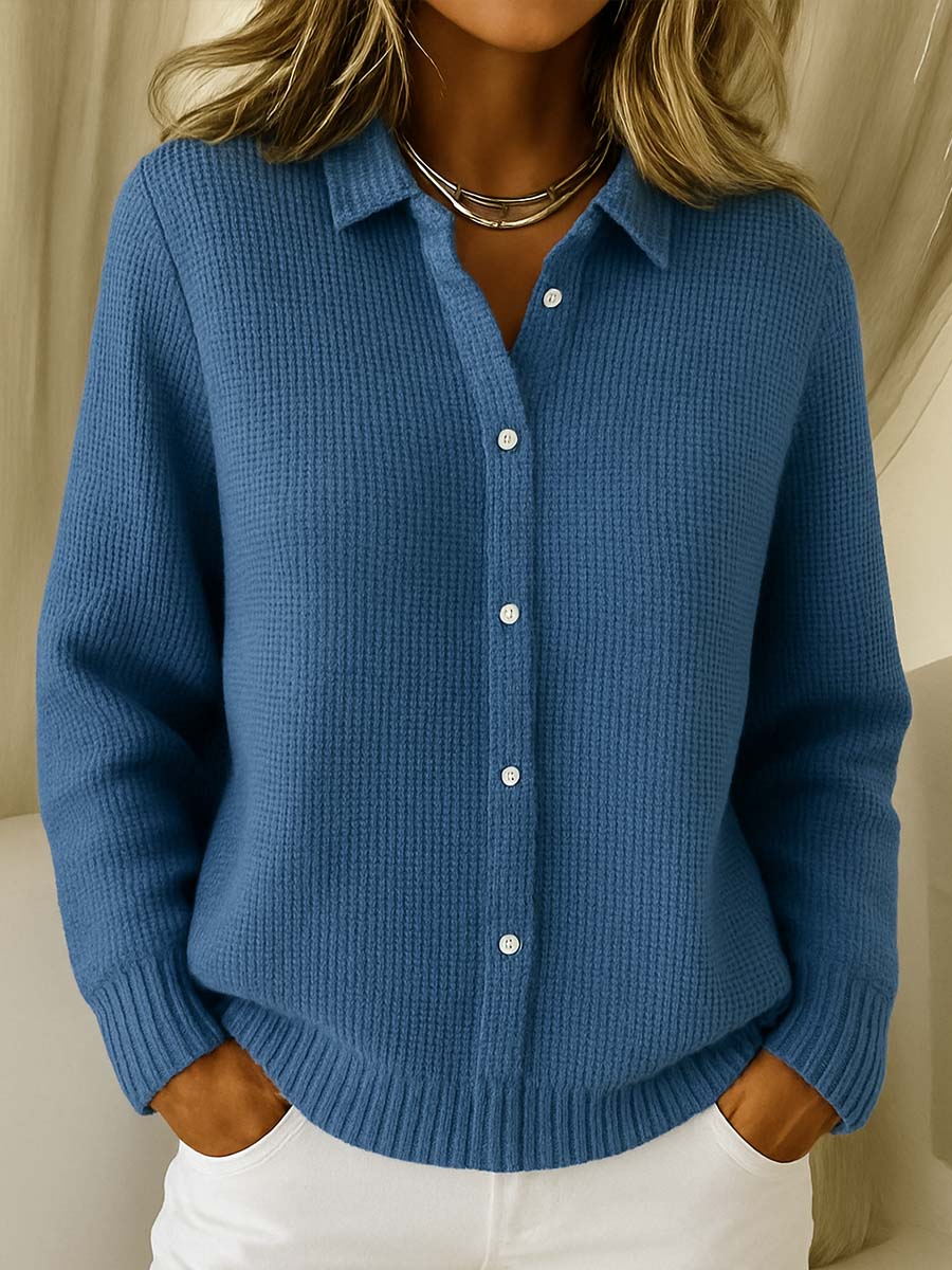 Fitted Hip Length Cardigan With Shirt Collar