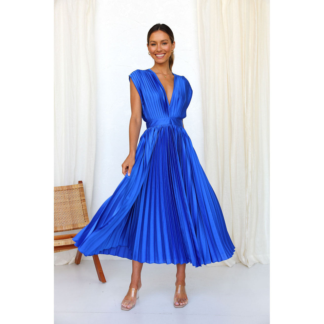 Pleated V-Neck Midi Dress