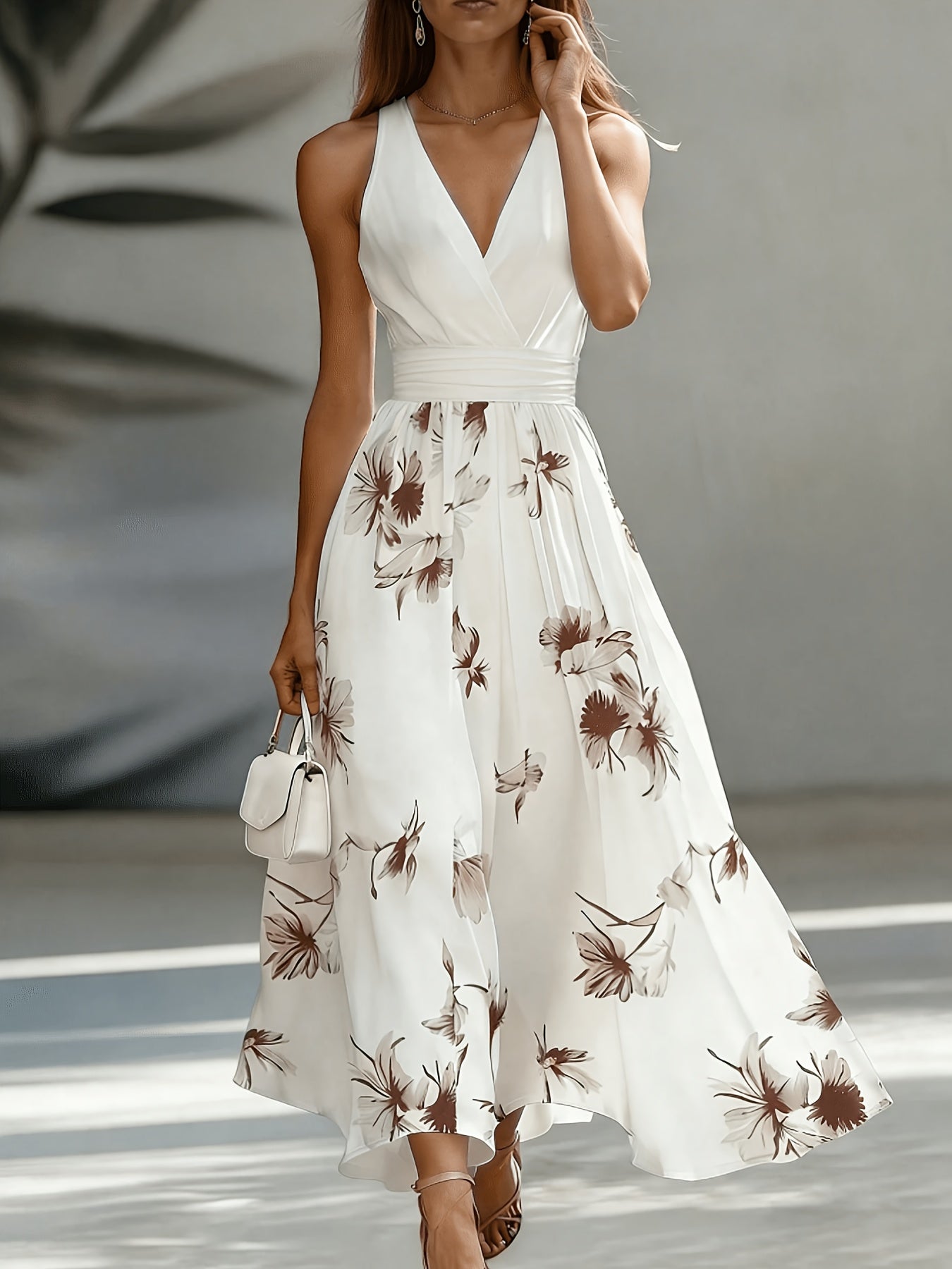 Backless Floral Patchwork Ruched Flared Maxi Dress