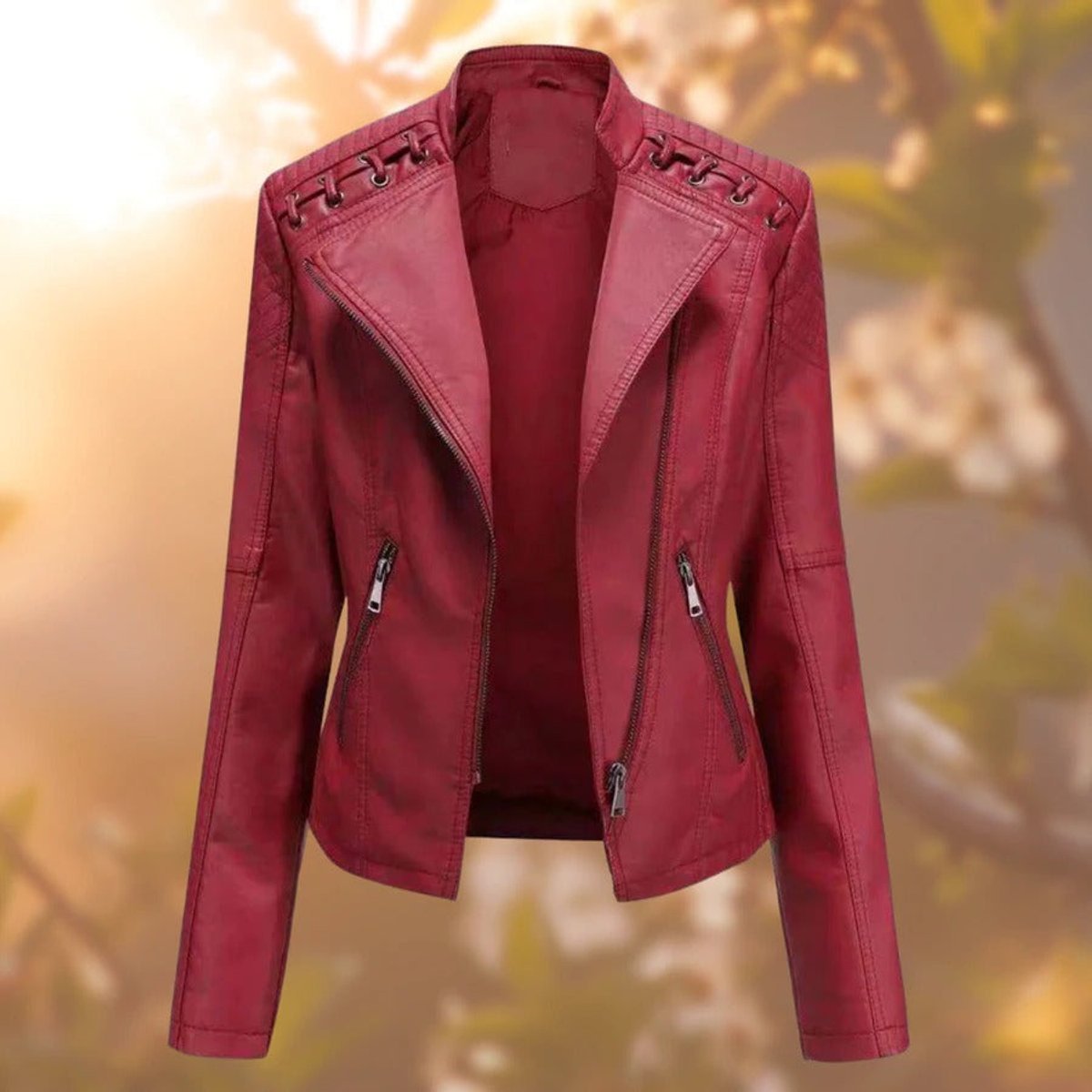 Asymmetric Zip Biker Jacket With Shoulder Lacing