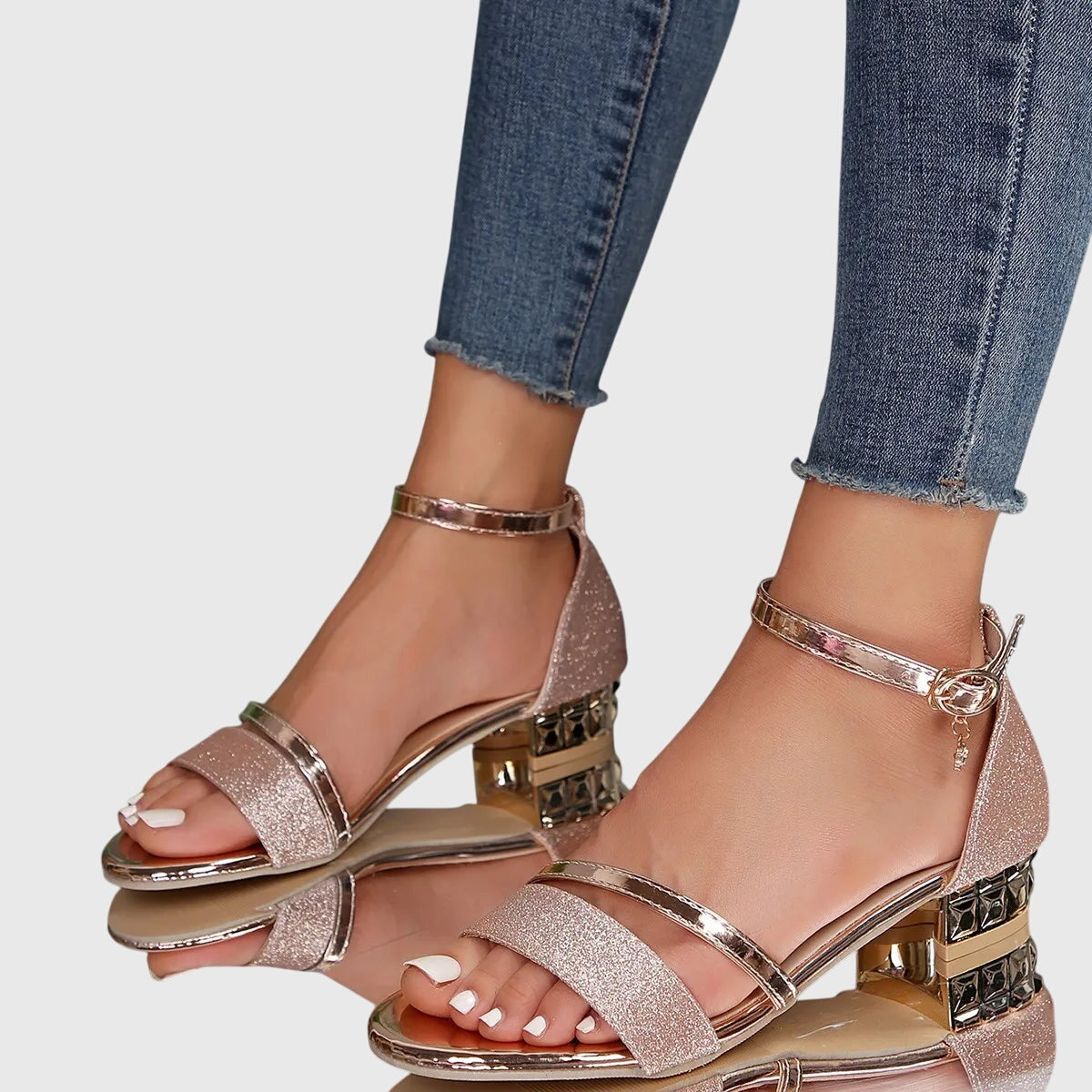 Strappy Block Heel Sandals – Ankle Strap – Metallic Detail