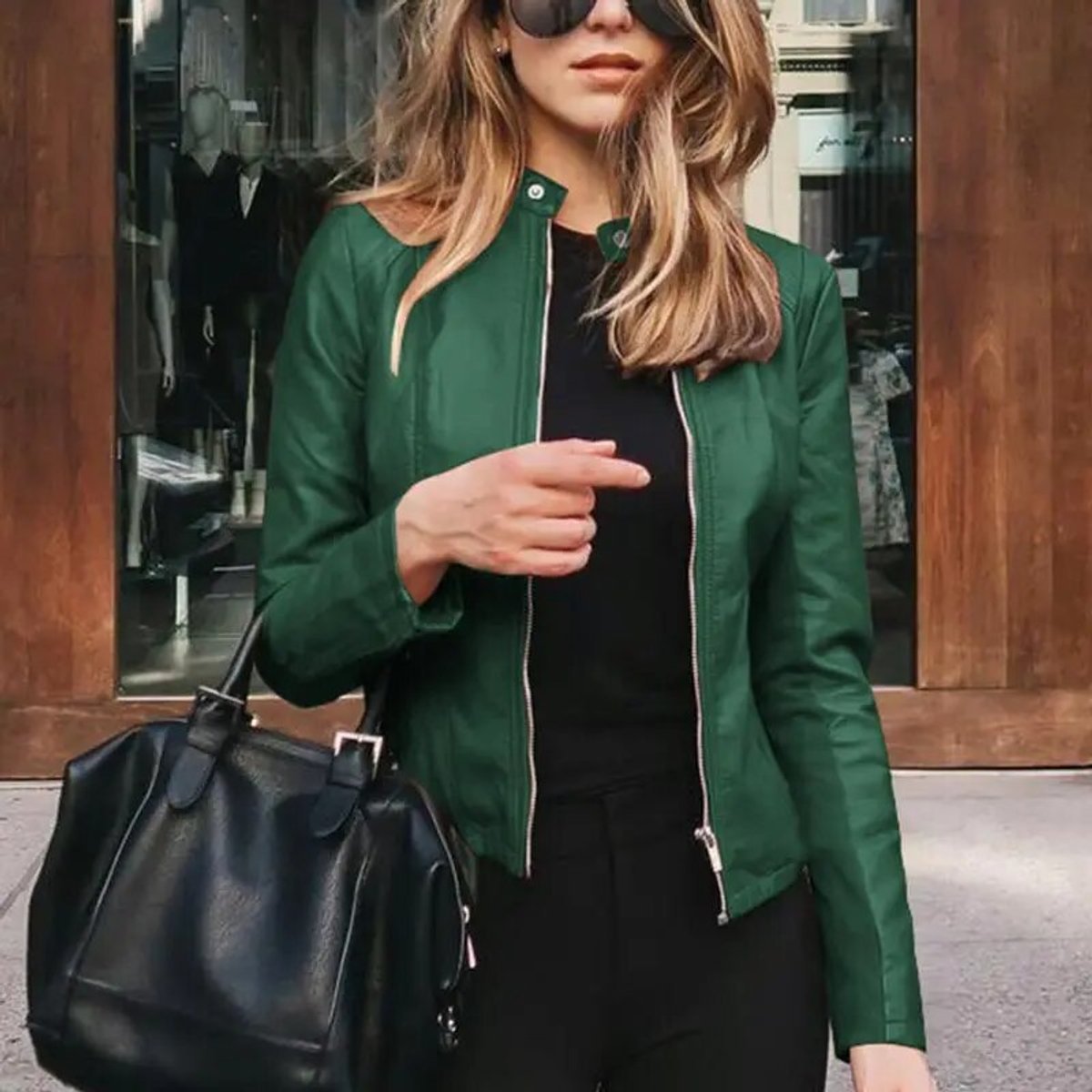 Cropped Stand Collar Faux Leather Zip Jacket
