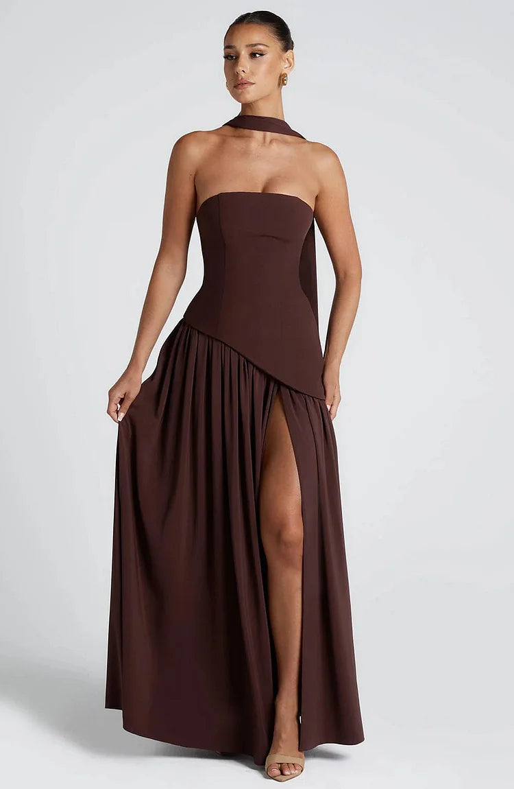 Strapless Asymmetric Hem Chiffon Maxi Dress