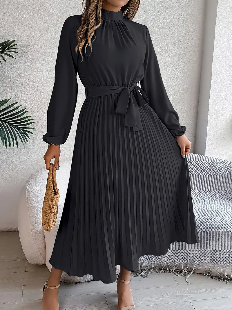 Belted Pleated Midi Dress with Long Sleeves
