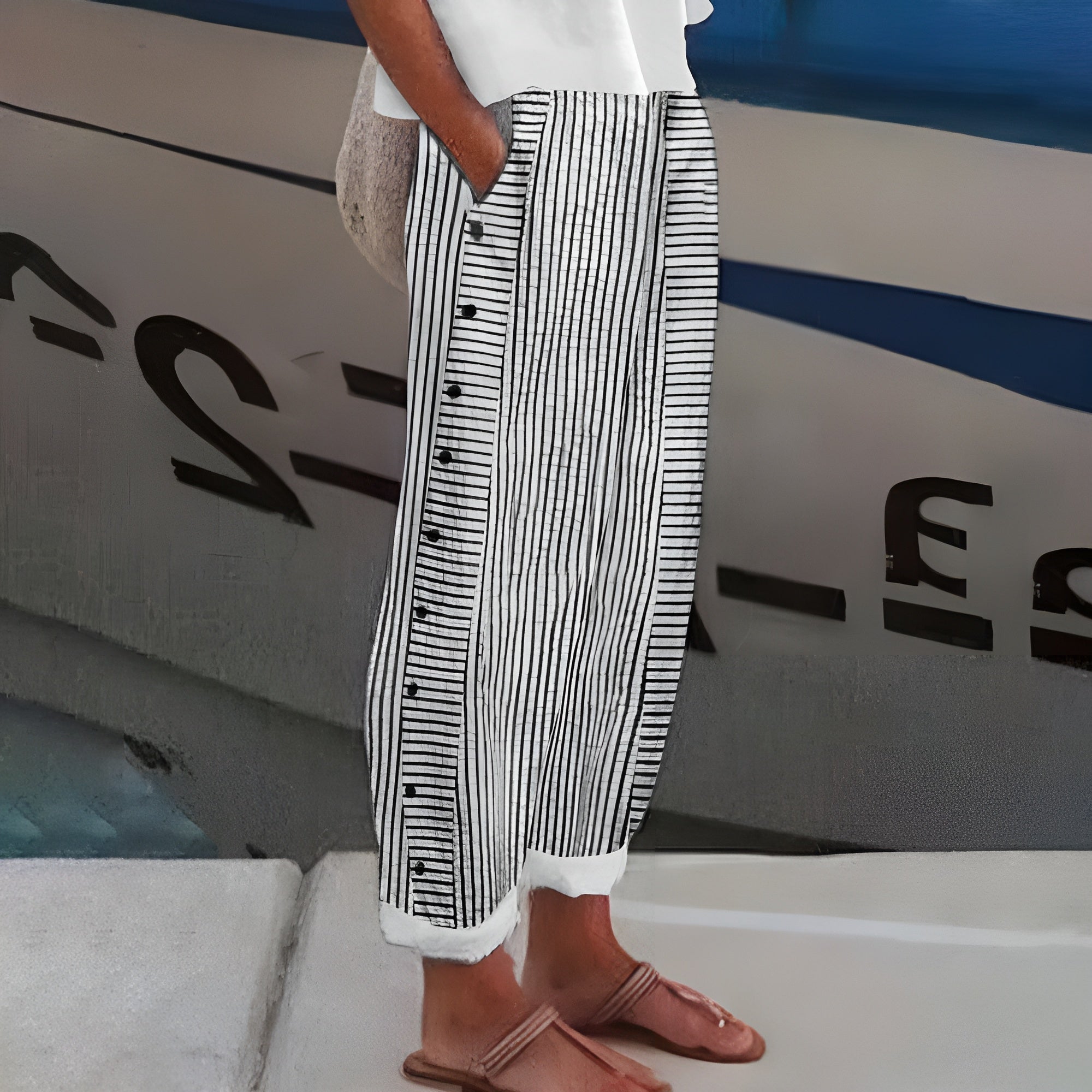 Stripe Panel Cropped Trousers With Button Side Detail