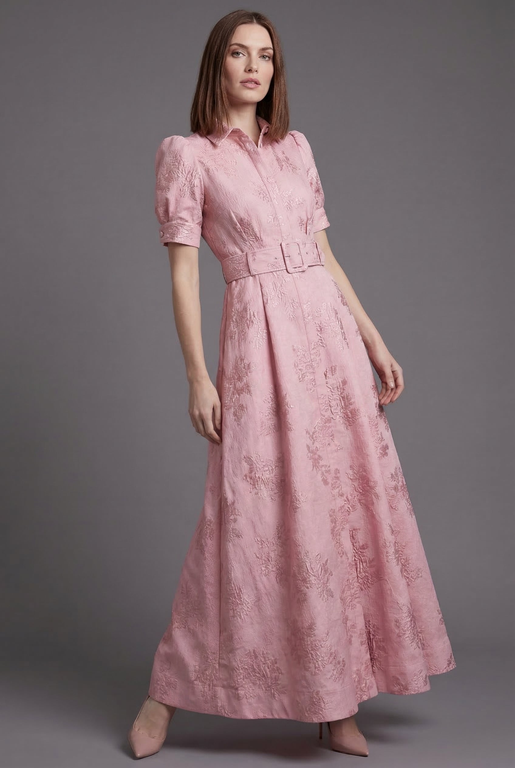 Women's Puff Sleeve Stand Collar Full Skirt Maxi Dress