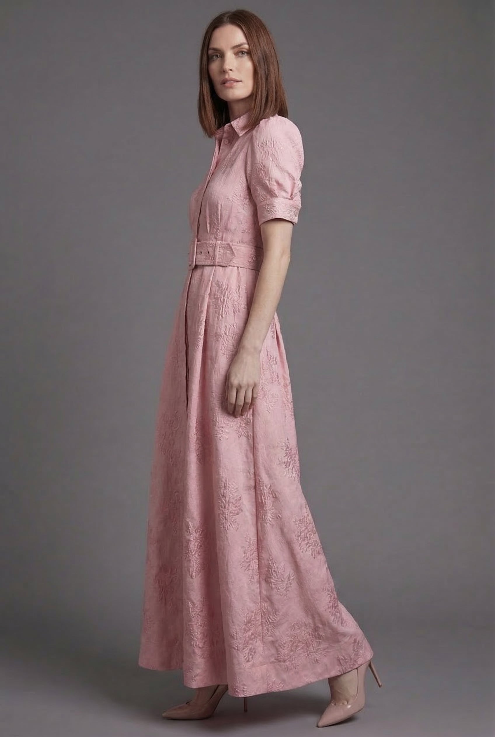 Women's Puff Sleeve Stand Collar Full Skirt Maxi Dress