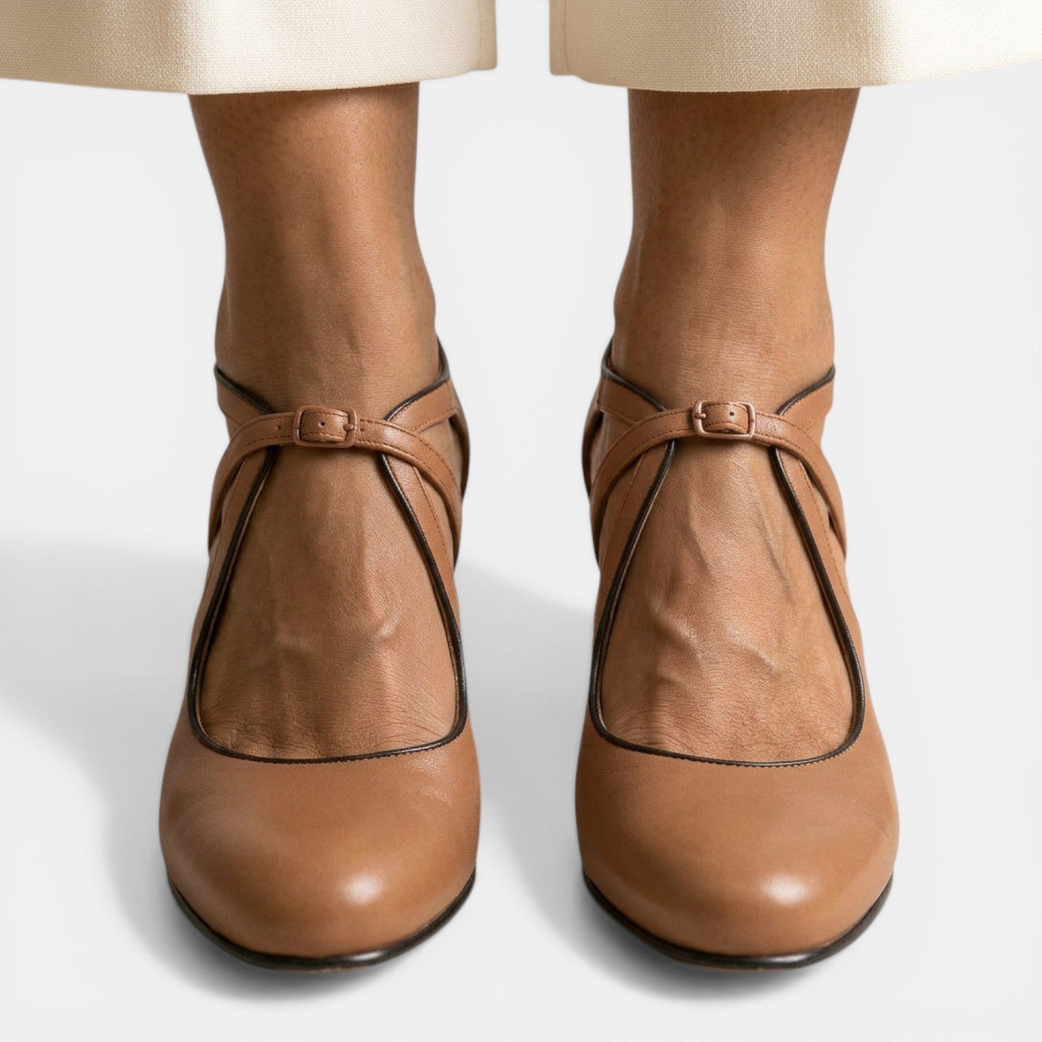 T-Strap Leather High Heel Sandals with Round Toe Buckle