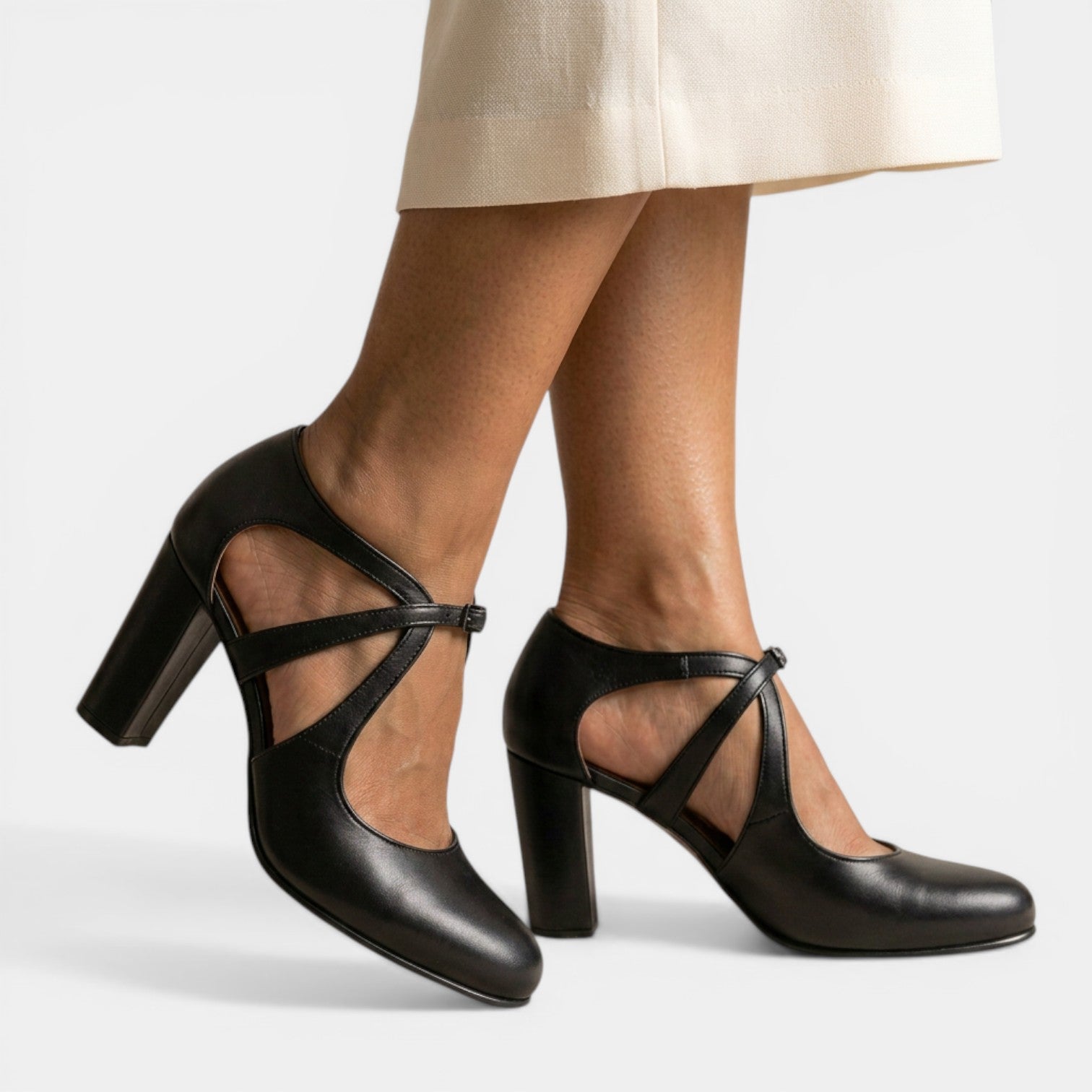 T-Strap Leather High Heel Sandals with Round Toe Buckle