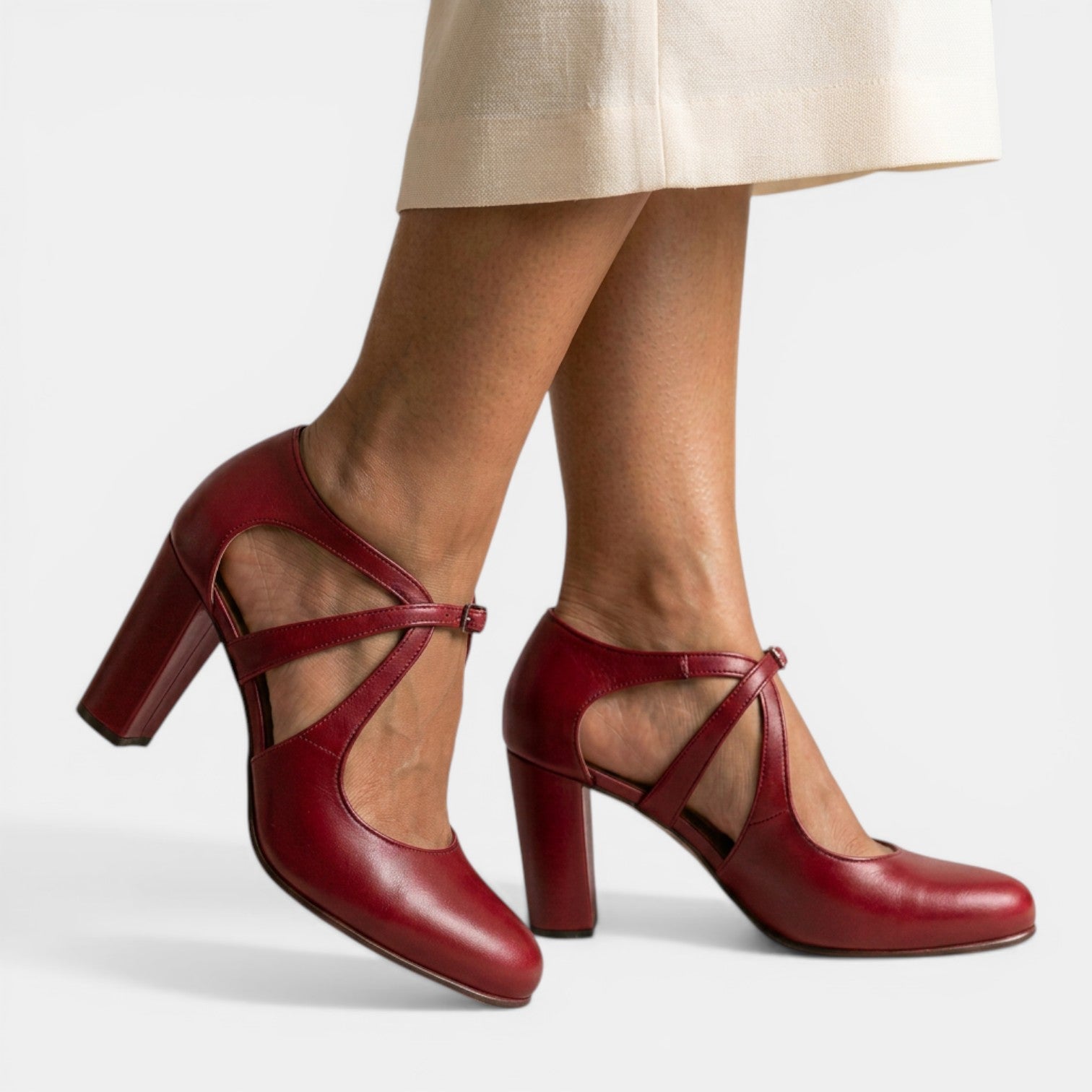 T-Strap Leather High Heel Sandals with Round Toe Buckle