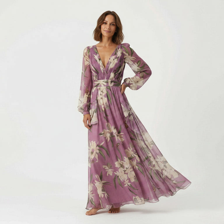 Floral V-Neck Long Sleeve Maxi Dress