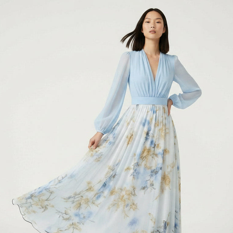 Floral V-Neck Fitted Bodice Maxi Dress