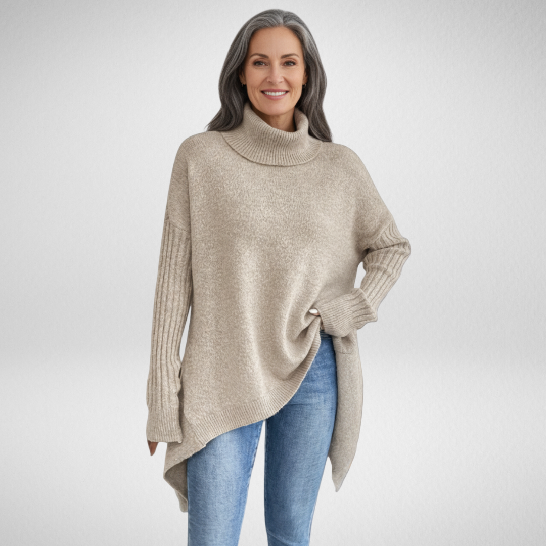 Oversized Turtleneck Sweater with Asymmetric Hem