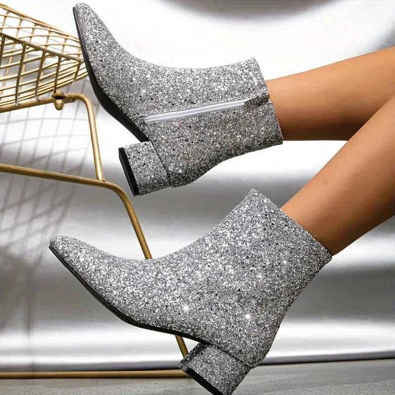 Glitter Ankle Boots with Block Heel and Side Zip