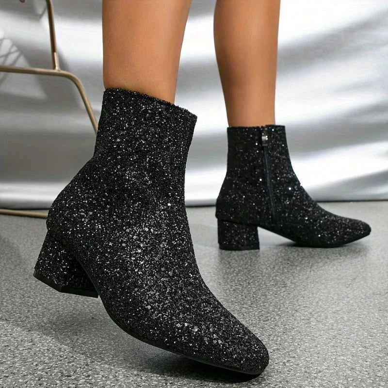 Glitter Ankle Boots with Block Heel and Side Zip