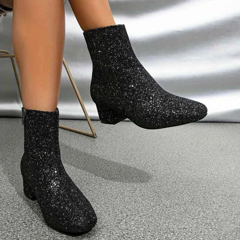 Glitter Ankle Boots with Block Heel and Side Zip