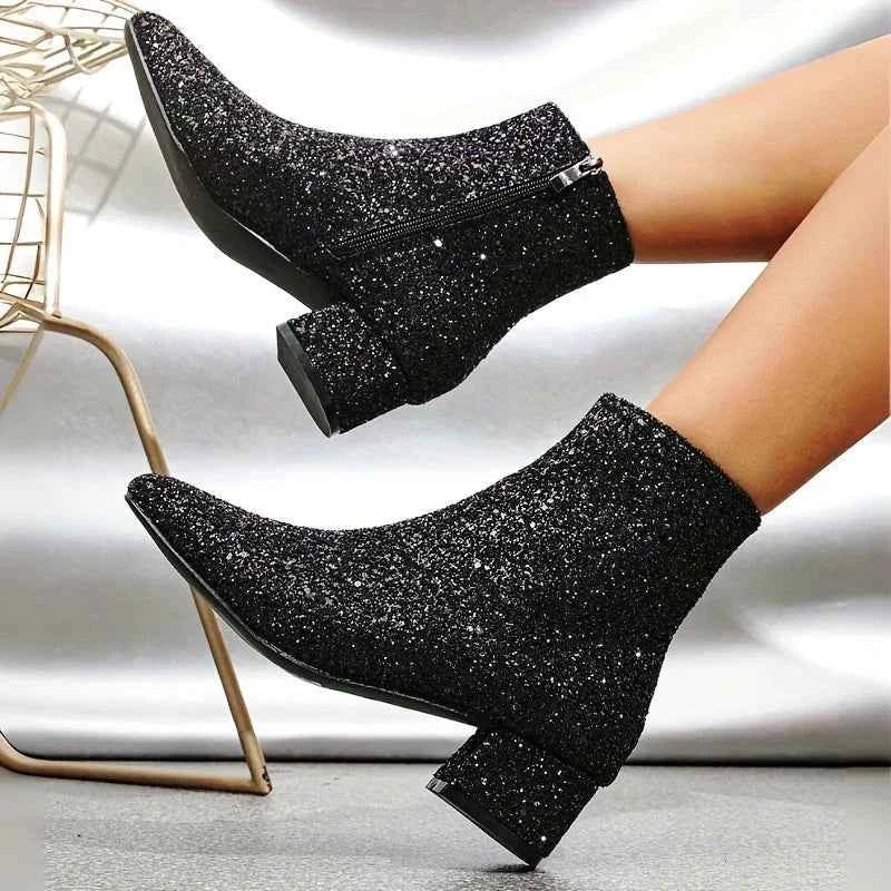 Glitter Ankle Boots with Block Heel and Side Zip