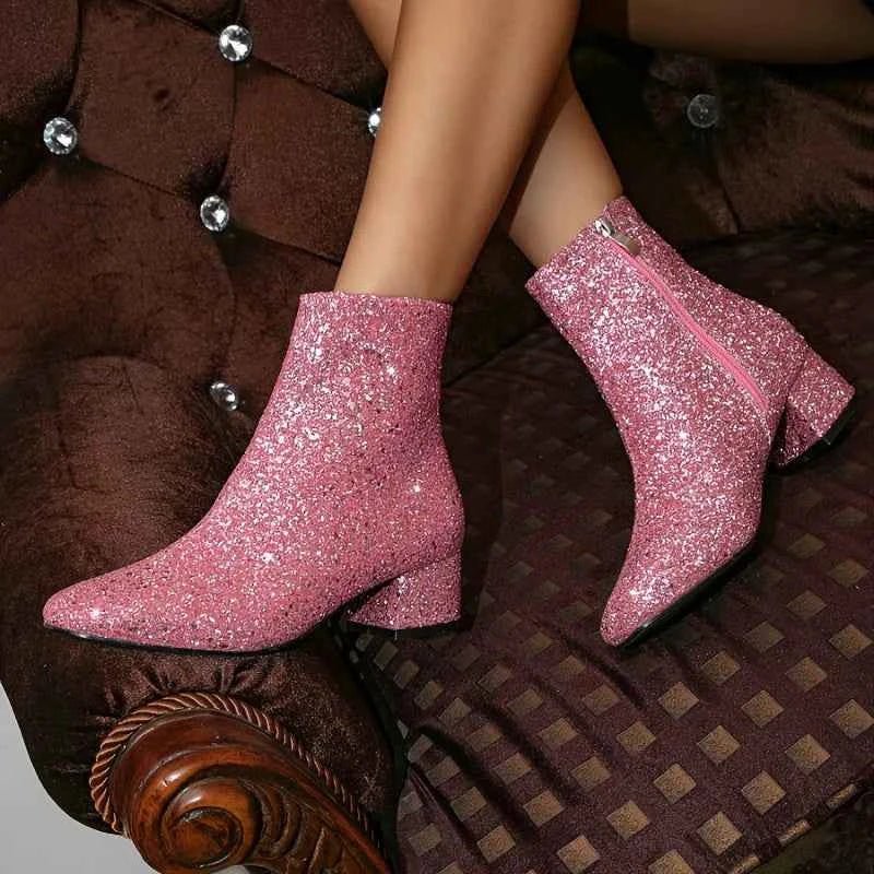 Glitter Ankle Boots with Block Heel and Side Zip