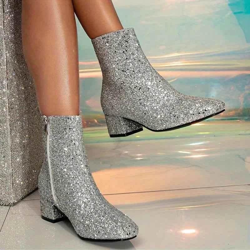 Glitter Ankle Boots with Block Heel and Side Zip