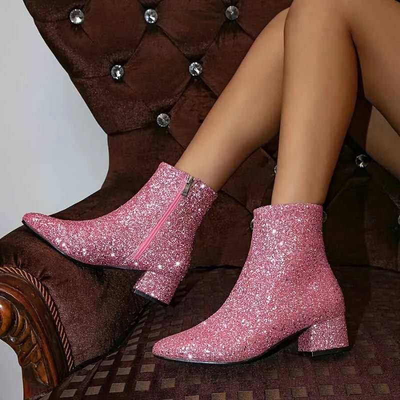 Glitter Ankle Boots with Block Heel and Side Zip