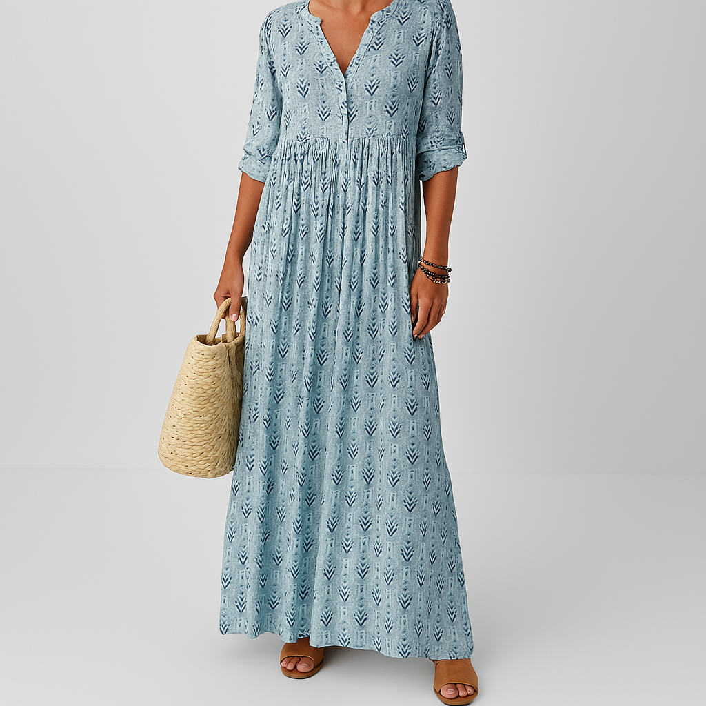 Boho Print V-Neck Maxi Dress With Roll-Up Sleeves