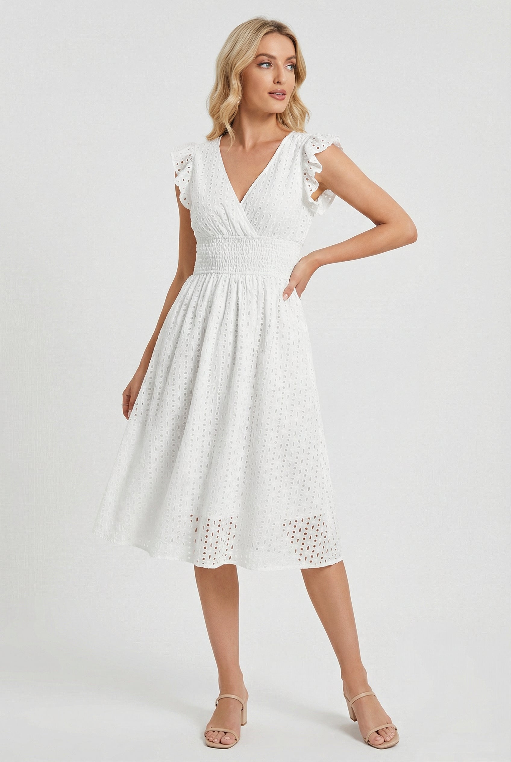 A-Line Eyelet Dress with Smocked Waist and Cap Sleeves