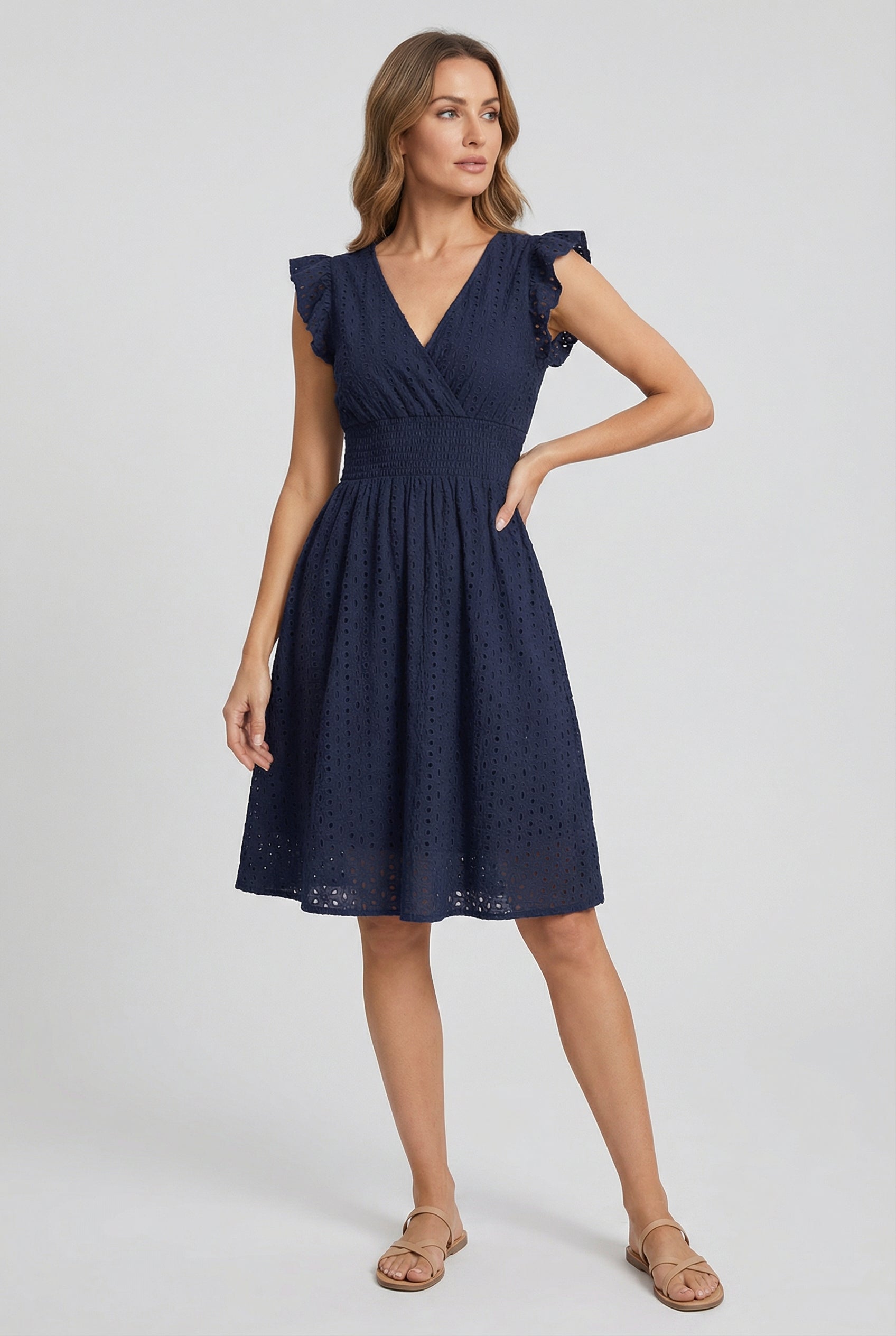 A-Line Eyelet Dress with Smocked Waist and Cap Sleeves