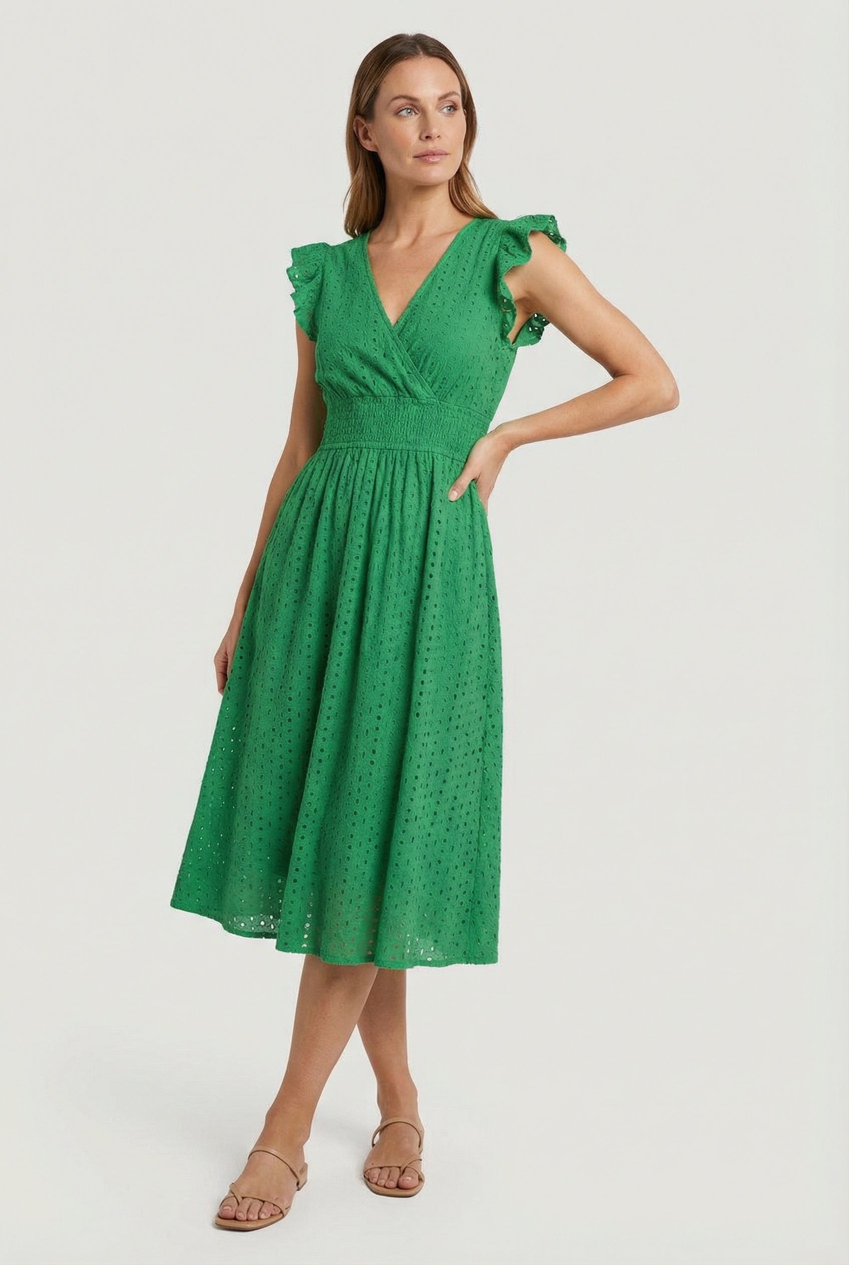 A-Line Eyelet Dress with Smocked Waist and Cap Sleeves
