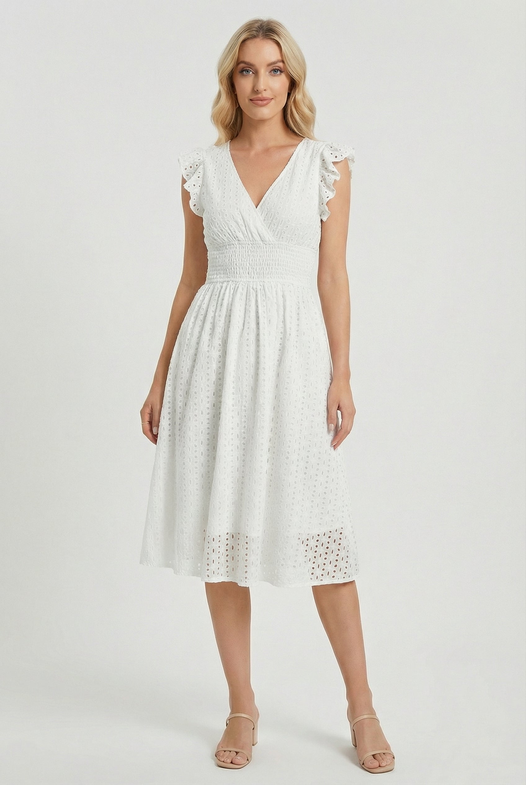 A-Line Eyelet Dress with Smocked Waist and Cap Sleeves
