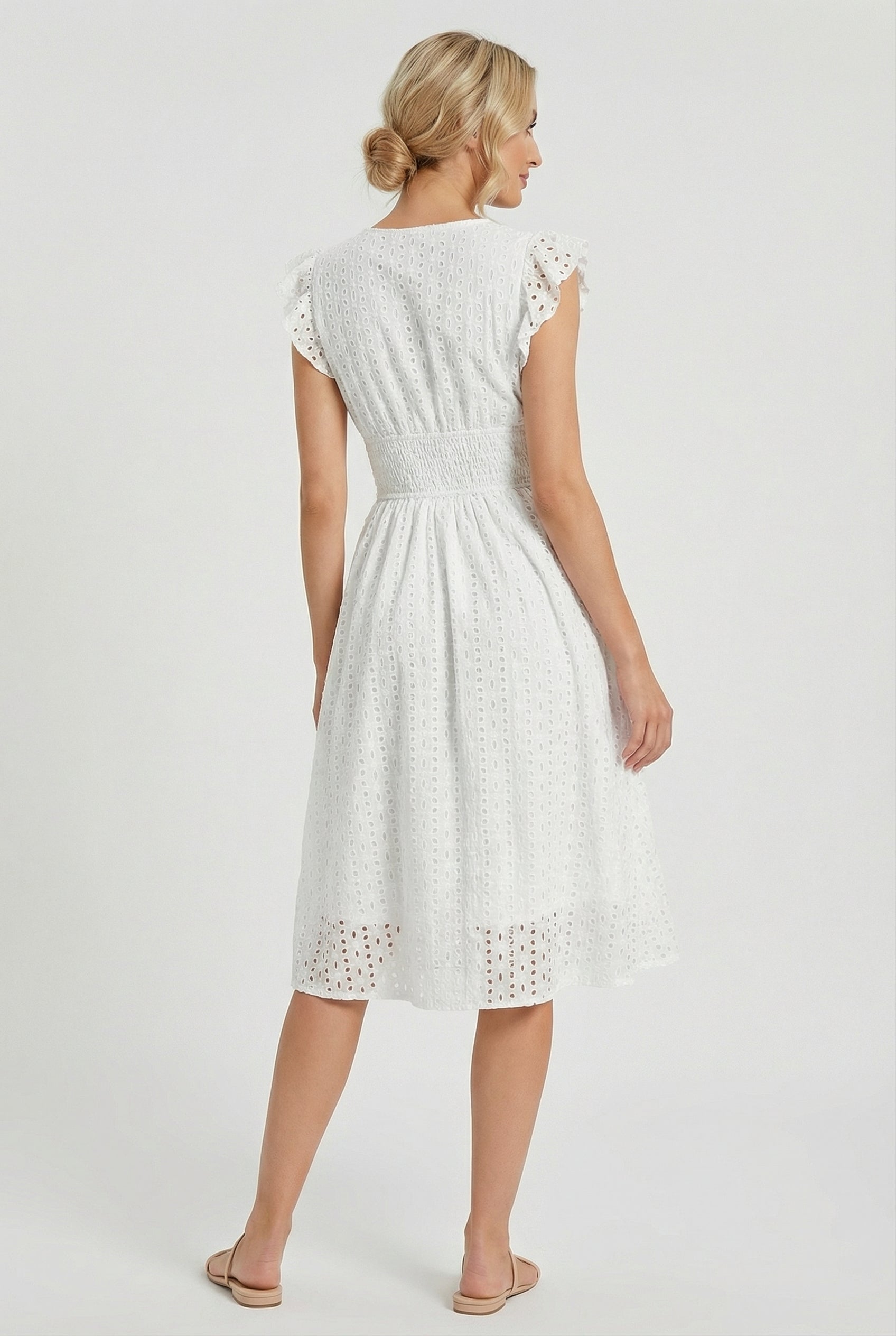 A-Line Eyelet Dress with Smocked Waist and Cap Sleeves