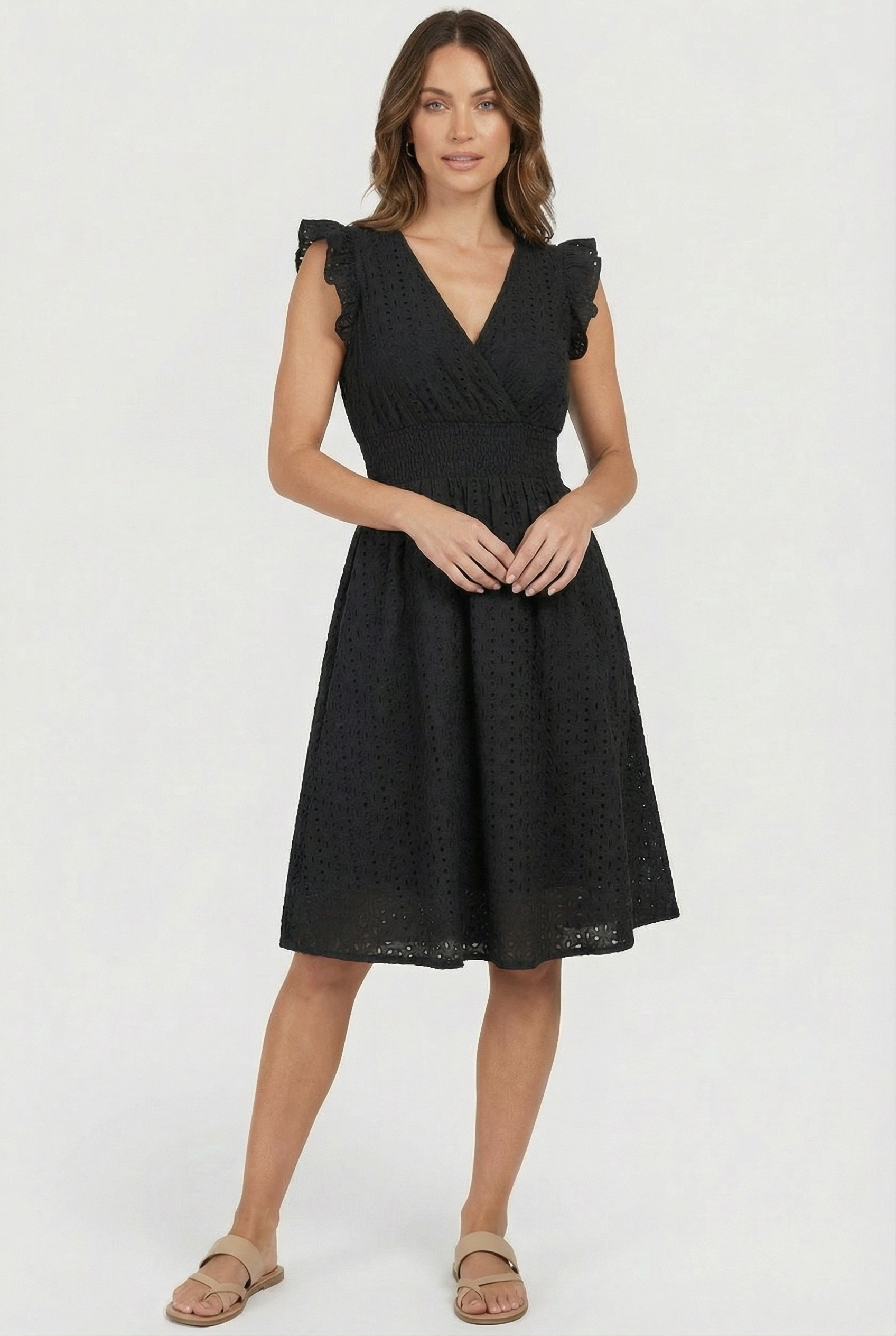 A-Line Eyelet Dress with Smocked Waist and Cap Sleeves