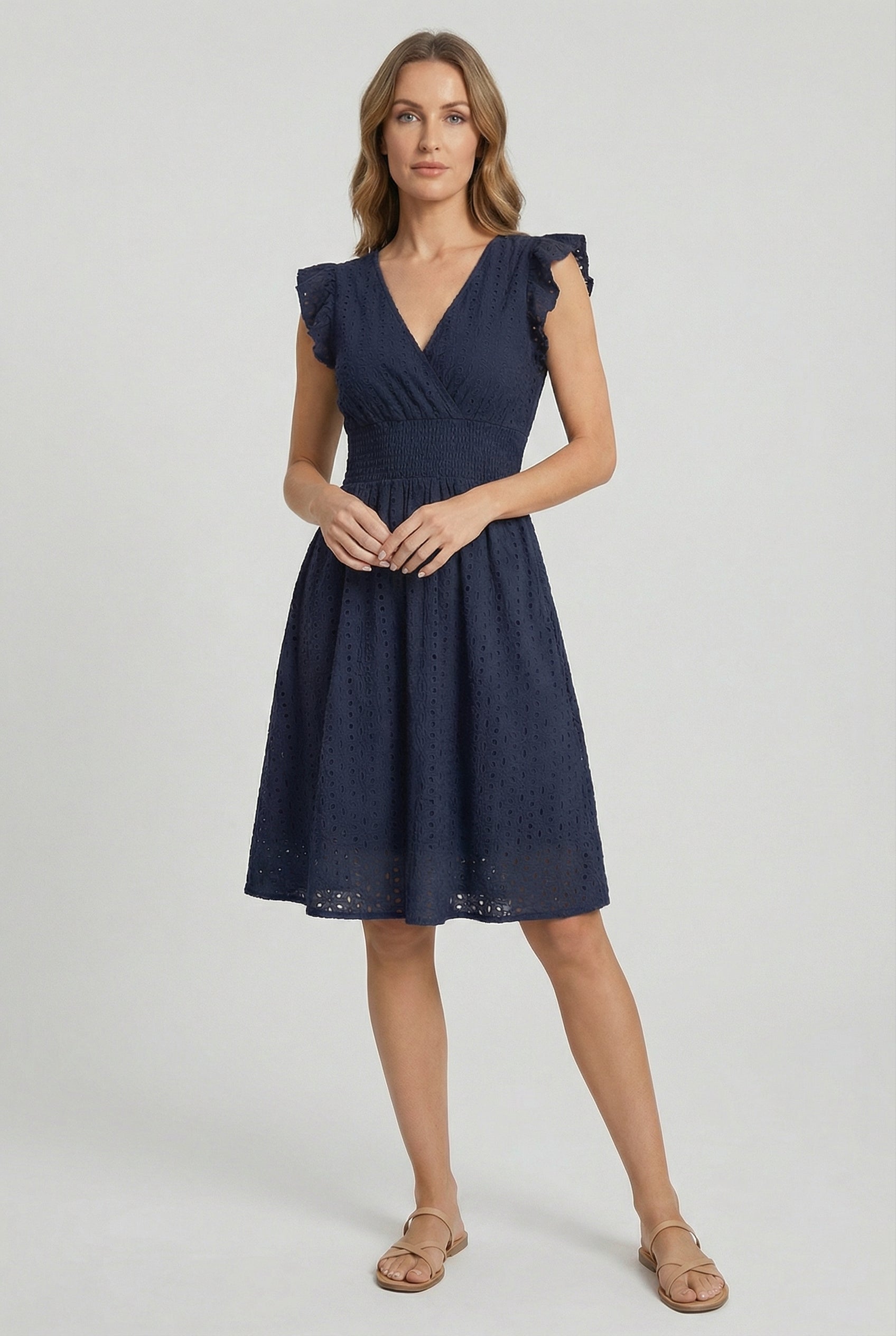 A-Line Eyelet Dress with Smocked Waist and Cap Sleeves