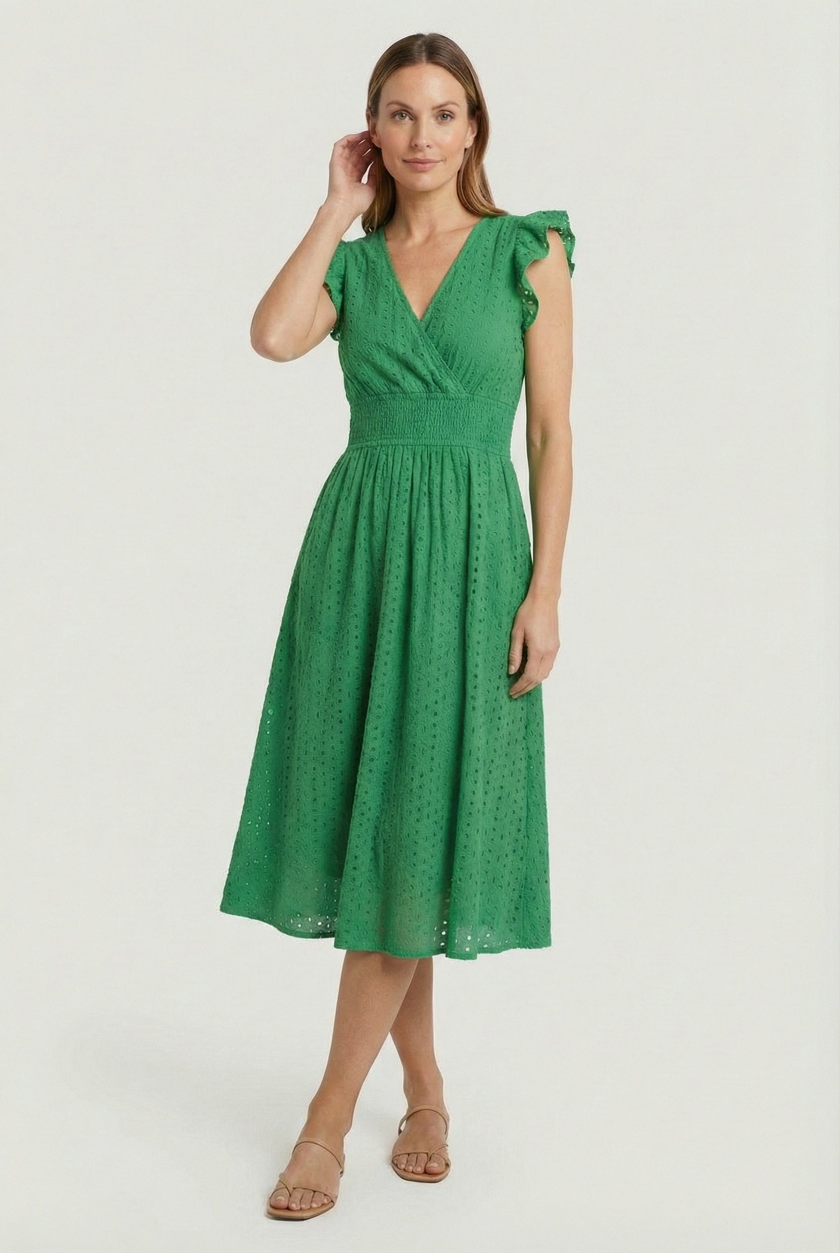 A-Line Eyelet Dress with Smocked Waist and Cap Sleeves