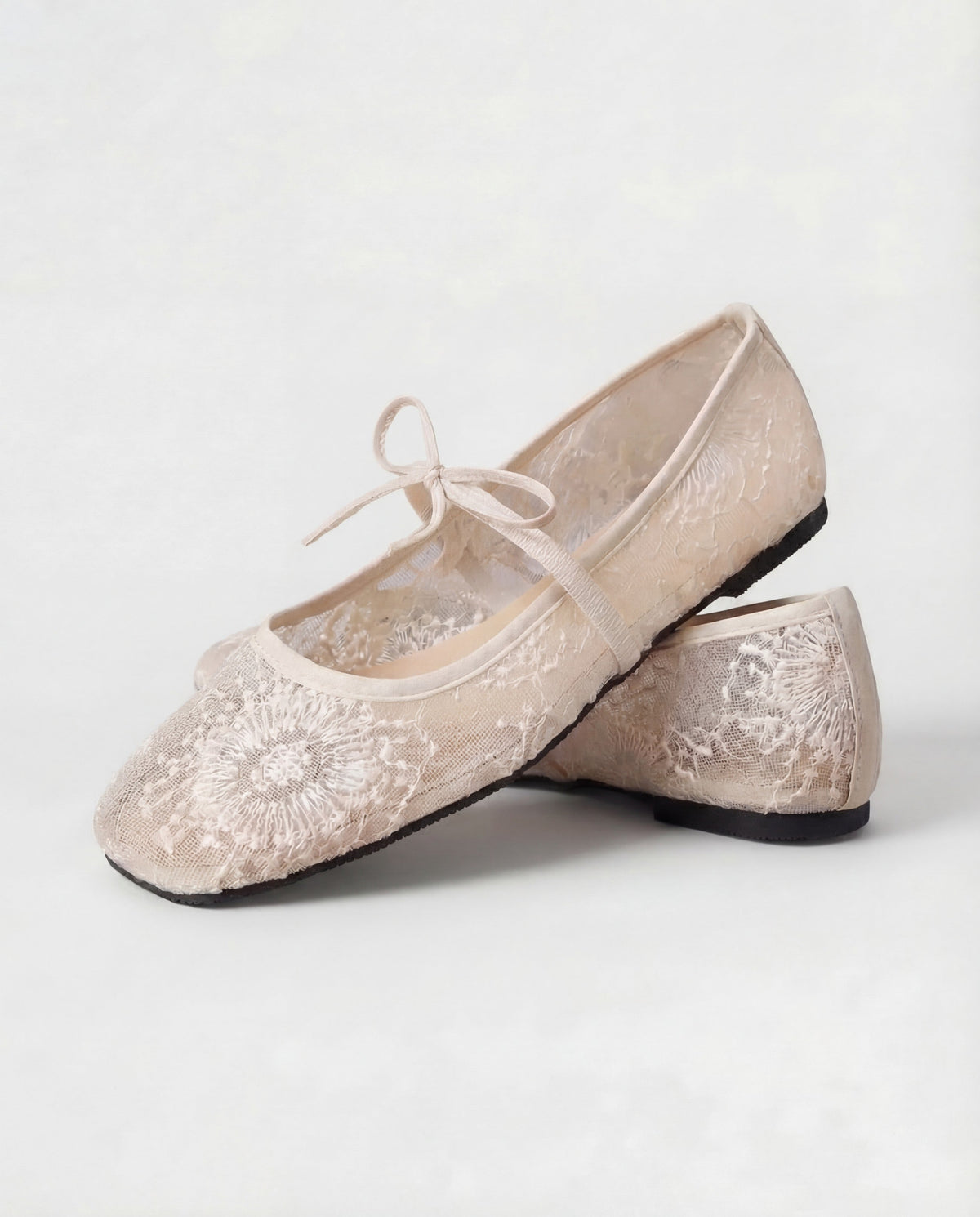 White Lace Ballet Flats with Floral Embroidery