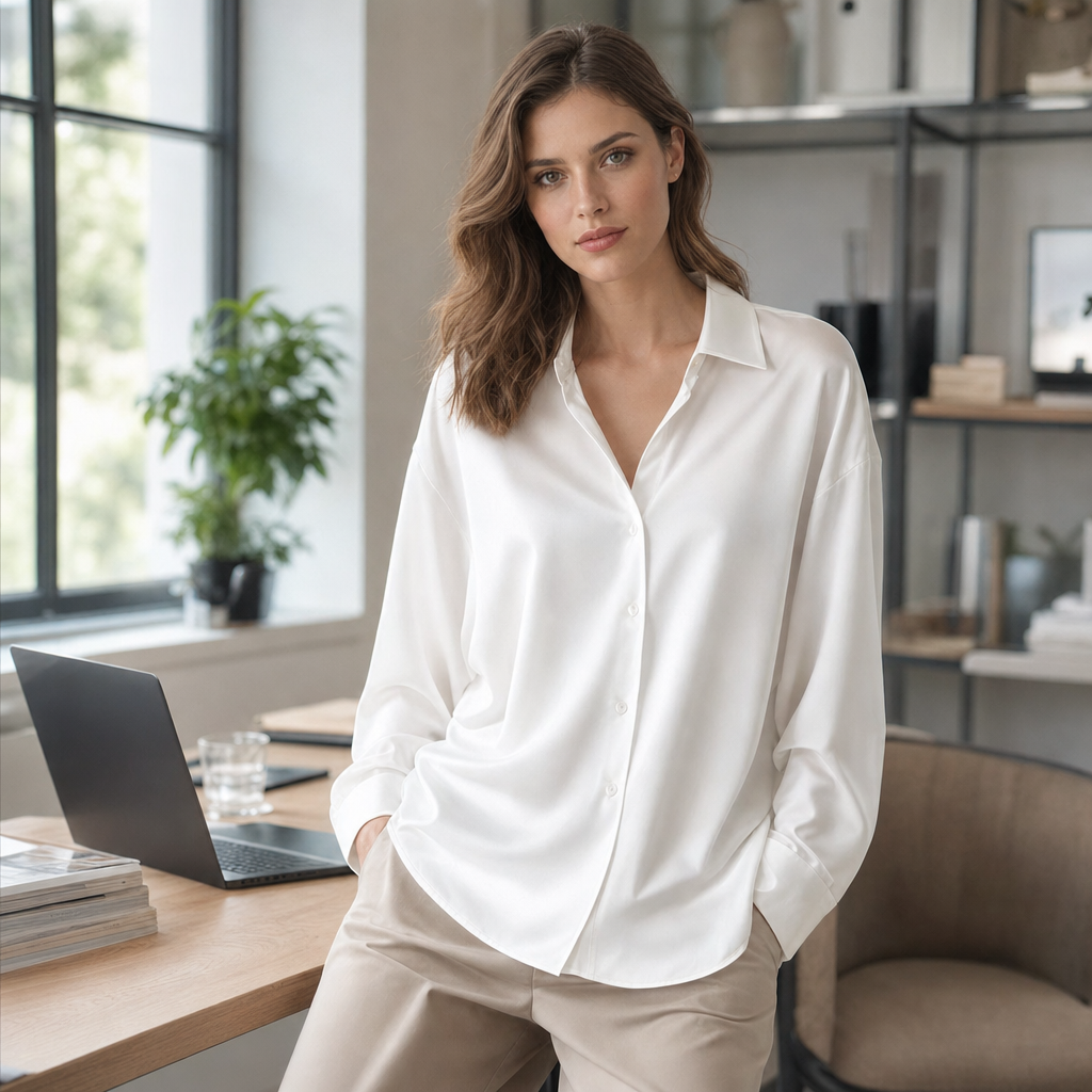 Silk Blouse White Long Sleeve - lifestyle shot